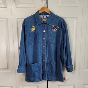 Vintage Bay Studio Womens Chambray Shacket Size XL Embroidered Birds Flowers